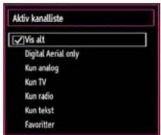 Aktiv kanalliste ✓ Vis alt Digital Aerial only Kun analog Kun TV Kun radio Kun tekst Favoritter