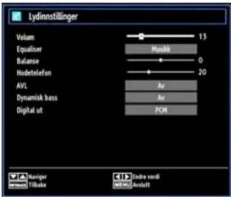 Lydinnstillinger Volum 13 Equaliser Musikk Balance 0 Hudetelefon 20 AVL Av Dynamisk bass Av Digital ut PCM Naniger Tilbake Ende verdi Arsluft