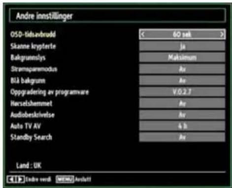 Andre innstillinger OSO-tidsuvbrudd Skanne krypterte Bakgrunnslys Stransparemodus Blå bakgrum Oppgradering av programvare Herselshemmet Audiobeskrivelse Auto TV AV Standby Search 60 sek Ja Maksimum Av Av V.O.2.7 Av Av 4 h Av Land : UK