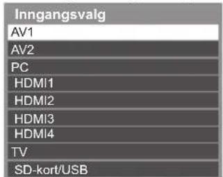 Inngangsvalg AV1 AV2 PC HDMI1 HDMI2 HDMI3 HDMI4 TV SD-kort/USB