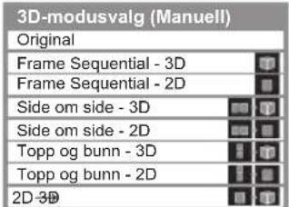 3D-modusvalg (Manuell) Original Frame Sequential - 3D Frame Sequential - 2D Side om side - 3D Side om side - 2D Topp og bunn - 3D Topp og bunn - 2D 2D-3D