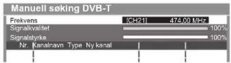 Manuell søking DVB-T Frekvens [CH21] 474.09 MHz Signalkvalitet 100% Signalstyrke 100% Nr. Kanalnavn Type Ny kanal