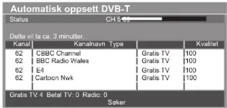 Automatisk oppsett DVB-T Status CH 5-03 Dette vii ta ca. 3 minutter. Kanal Kanalnavn Type Kvalitet 62 CBBC Channel Gratis TV 100 62 BBC Radio Wales Gratis TV 100 62 E4 Gratis TV 100 62 Cartoon Nwk Gratis TV 100 Gratis TV: 4 Betal TV: 0 Radio: 0 Saker
