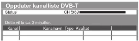 Oppdater kanalliste DVB-T Status CH 5169 Dette vil la ca. 3 minutter. Kanal Kanalnavn Type Kvalitet