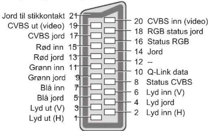 Jord til stikkontakt 21 CVBS ut (video) 19 CVBS jord 17 Rød inn 15 Rød jord 13 Grønn inn 11 Grønn jord 9 Blå inn 7 Blå jord 5 Lyd ut (V) 3 Lyd ut (H) 1 20 CVBS inn (video) 18 RGB status jord 16 Status RGB 14 Jord 12 -- 10 Q-Link data 8 Status CVBS 6 Lyd inn (V) 4 Lyd jord 2 Lyd inn (H)