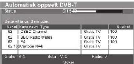 Automatisk oppsett DVB-T Status CH 5-62 Dette vil ta ca. 3 minutter. Kanal Kanalnavn Type Kvalitet 62 CBBC Channel Gratis TV 100 62 BBC Radio Wales Gratis TV 100 62 E4 Gratis TV 100 62 100Cartoon Nwk Gratis TV Gratis TV: 4 Betal TV: 0 Radio: 0 Søker