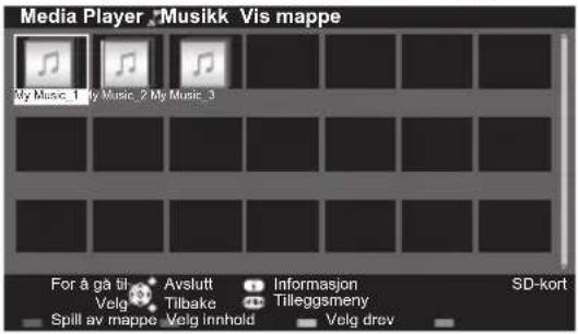 Media Player Musikk Vis mappe My Music_1 My Music_2 My Music_3 For å gå til Avslutt Informasjon Velg Tilbake Tilleggsmeny Spill av mappe Velg innhold Velg drev SD-kort