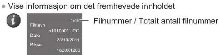 • Vise informasjon om det fremhevede innholdet i Filnavn 1/48— Filnummer / Totalt antall filnummer Date p1010001.JPG 23/10/2011 Piksel 1600X1200