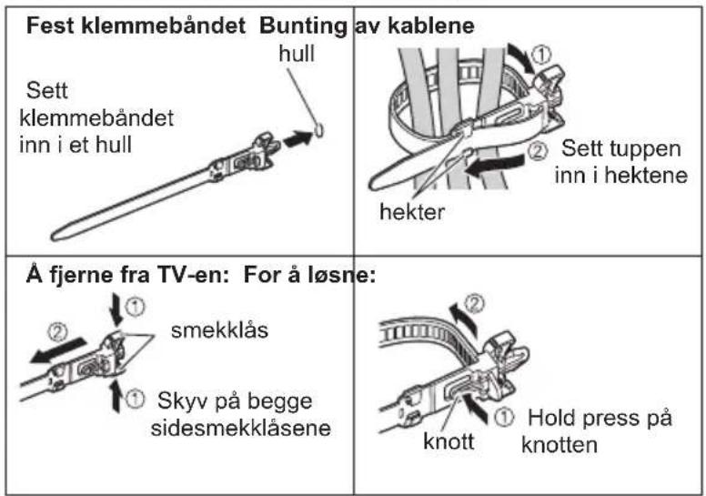 Fest klemmebåndet Bunting av kablene Sett klemmebåndet hull inn i et hull hekter 2 Sett tuppen inn i hektene Å fjerne fra TV-en: For å løsne: smekklås Skyv på begge sidesmekklåsene knott Hold press på knotten