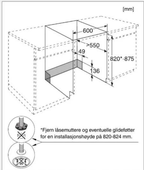 [mm] 600 >550 49 136 820*-875 *Fjern låsemuttere og eventuelle glideføtter for en installasjonshøyde på 820-824 mm.