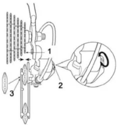 Technical diagram of a bicycle suspension system with labeled components and a magnified inset showing rotational motion.