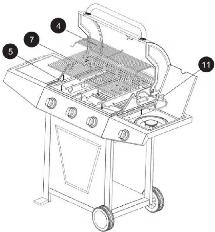 Technical diagram of a 11-pin electric grill with numbered parts labeled for identification.