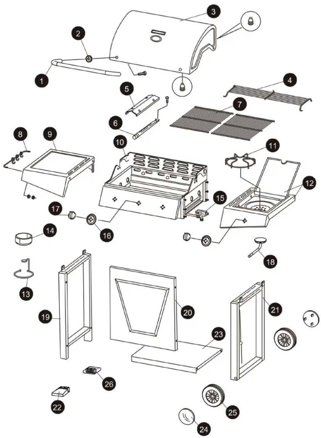 Exploded view diagram of a portable stove with numbered parts for identification