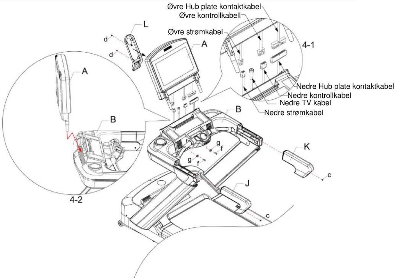 Øvre Hub plate kontaktkabel Øvre kontrollkabel Øvre strømkabel L d d A B 4-2 A A 4-1 Nedre Hub plate kontaktkabel Nedre kontrollkabel Nedre TV kabel Nedre strømkabel B g f K c J c