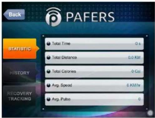 Back PAFERS STATISTIC HISTORY RECOVERY TRACKING Total Time 0 s Total Distance 0.0 KM Total Calories 0 Cal Avg. Speed 0 KM/hr Avg. Pulse 0