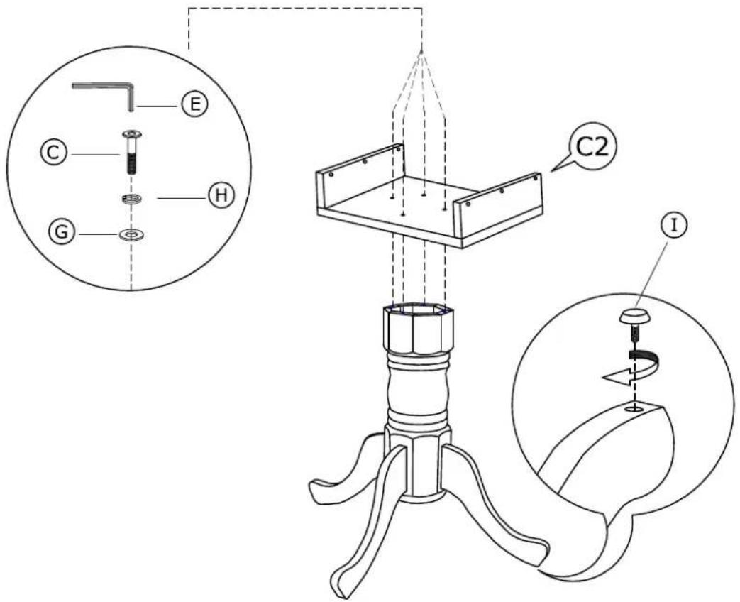 Technical diagram of a mechanical device with labeled parts and exploded view, including E, C, H, G, and I sections.