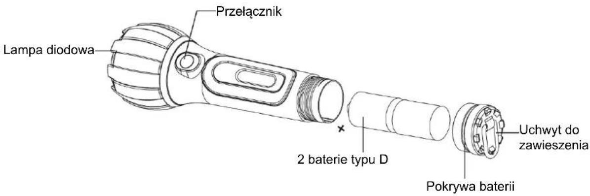 Lampa diodowa Przełącznik 2 baterie typu D Pokrywa baterii Uchwyt do zawieszenia