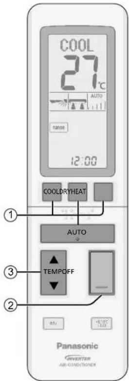 COOL 27°C AUTO 12:00 COOLDRYHEAT AUTO TEMPOFF RJ2 +3.0°C L/1 Panasonic INVERTER AIR-CONDITIONER