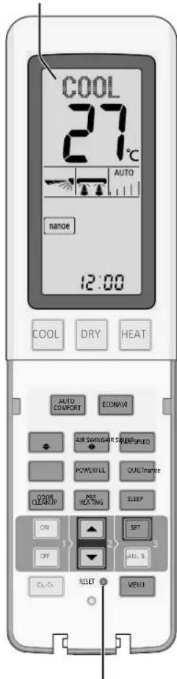 COOL 27°C AUTO nanoe 12:00 COOL DRY HEAT AUTO COMPORT ECONAVI AIR SWITCHER SWITCHERED POWERHILL QUIL TRANSFEE CLOWS CLEASUP AIR HEATING SLEEP ON SET OFF RESET AUTO S ON OK MENU