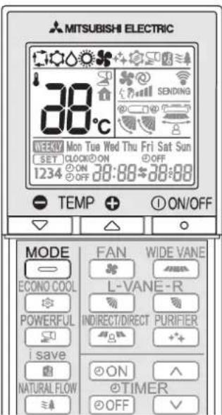 MITSUBISHI ELECTRIC 30°C WEEKLY Mon Tue Wed Thu Fri Sat Sun SET CLOCK ON 1234 ON OFF 38:88*38:88 TEMP + ON/OFF MODE ECONO COOL POWERFUL i save NATURAL FLOW FAN WIDE VANE L-VANE-R INDIRECT/DIRECT PURIFIER ON TIMER OFF