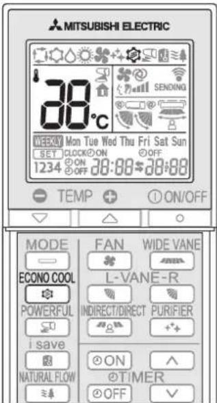 MITSUBISHI ELECTRIC 38°C WEEKLY Mon Tue Wed Thu Fri Sat Sun SET CLOCK ON OFF 12:34 ON 38:00-38:00 TEMP ON/OFF MODE FAN WIDE VANE ECONO COOL L-VANE-R POWERFUL INDIRECT/DIRECT PURIFIER i save ON NATURAL FLOW @TIMER OFF