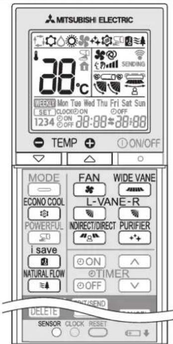 MITSUBISHI ELECTRIC 38°C WEEKLY Mon Tue Wed Thu Fri Sat Sun SET CLOCK ON OFF 1234 ON OFF 38:88-38:88 TEMP ON/OFF MODE FAN WIDE VANE ECONO COOL L-VANE-R POWERFUL INDIRECT/DIRECT PURIFIER i save + NATURAL FLOW ON + OFF DELETE SENSOR CLOCK RESET