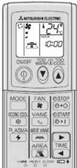 MITSUBISHI ELECTRIC 124° TIME: 00 ON/OFF: 125/123 VOUT: 00 MODE FAN STOP ECON COOL VANE START PLASMA WIDE VANE AREA TIME HAPPLE: 00/00