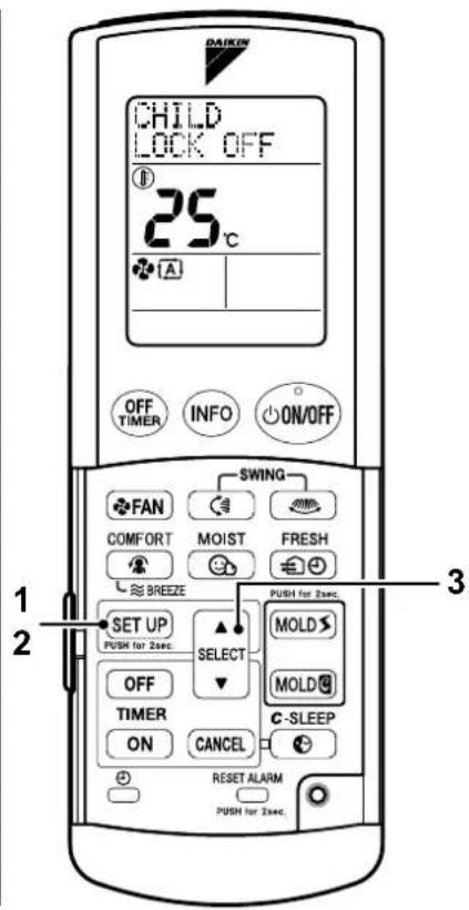 CHILD LOCK OFF 25°C OFF TIMER INFO ON/OFF SWING FAN MOIST FRESH COMFORT BREEZE SET UP SELECT PUSH for 2sec. MOLD PUSH for 2sec. MOLD OFF TIMER C-SLEEP ON CANCEL RESET ALARM PUSH for 2sec. 1 2 3