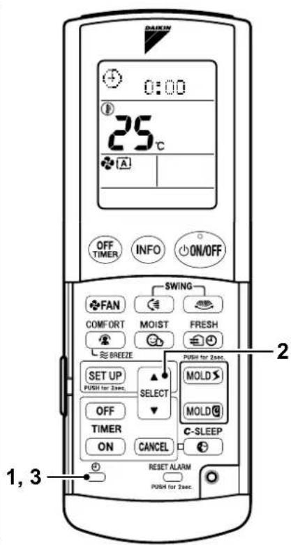 DAIKIN 0:00 25°C OFF TIMER INFO ON/OFF SWING FAN MOIST FRESH COMFORT BREEZE SET UP SELECT PUSH for 2sec. PUSH for 2sec. OFF MOLD TIMER C-SLEEP ON CANCEL RESET ALARM PUSH for 2sec. 1, 3 2