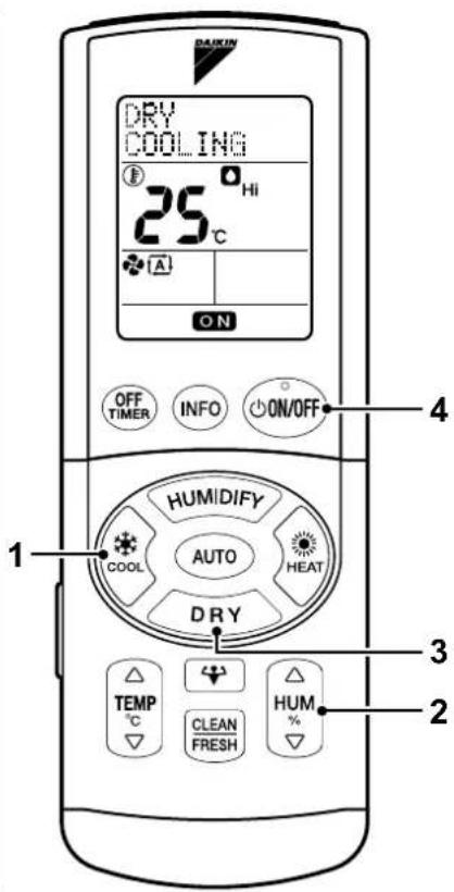 DHY COOLING 25°C Hi OFF TIMER INFO ON/OFF HUMIDIFY AUTO HEAT 1 COOL DRY TEMP CLEAN HUM FRESH %