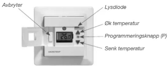 Avbryter Lysdiode Øk temperatur Programmeringsknapp (P) Senk temperatur 26.0 MROCTEMP