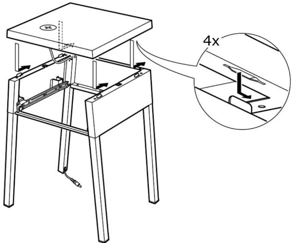 Technical diagram of a wooden table with labeled components and 4x magnified view showing internal structure details.