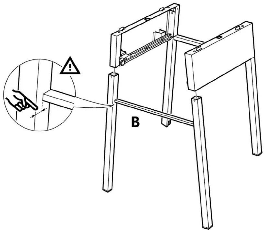 Technical diagram showing a mechanical assembly with labeled component B and warning symbol