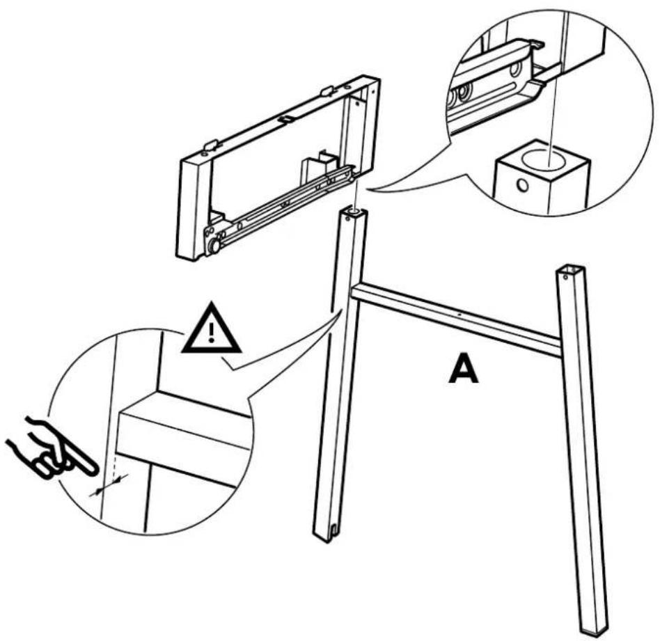 Technical diagram illustrating a mechanical assembly with labeled components and warning indicators
