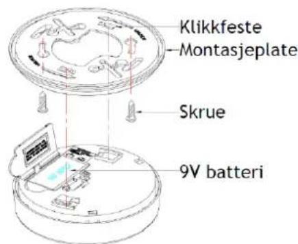 Klikkfeste Montasjeplate Skrue 9V batteri