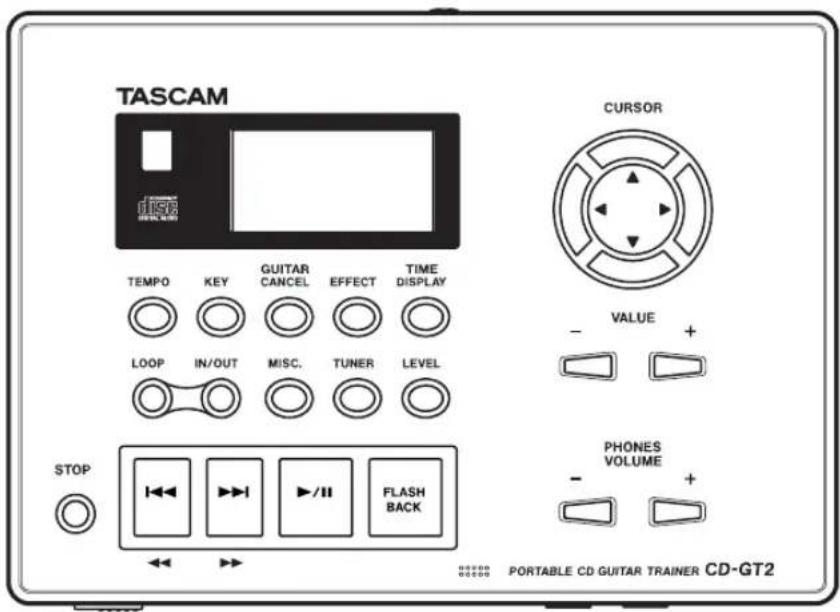 TASCAM TEMPOR KEY GUITAR CANCEL EFFECT TIME DISPLAY LOOP IN/OUT MISC. TUNER LEVEL STOP FLASH BACK CURSOR VALUE + PHONES VOLUME PORTABLE CD GUITAR TRAINER CD-GT2