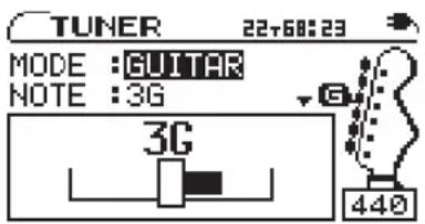 TUNER 22+68:23 MODE :GUITAR NOTE :3G 3G 440