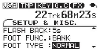USB TMP KEY G.C FX 22 Trk 68 M 23 s SETUP & MISC. FLASH BACK: 5s FOOT FUNC.: BANK FOOT TYPE : NORMAL
