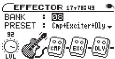EFFECTOR 17:78:43 BANK : 68 PRESET : Cmp+Exciter+Oly 92 LUL CMP EXC DLV