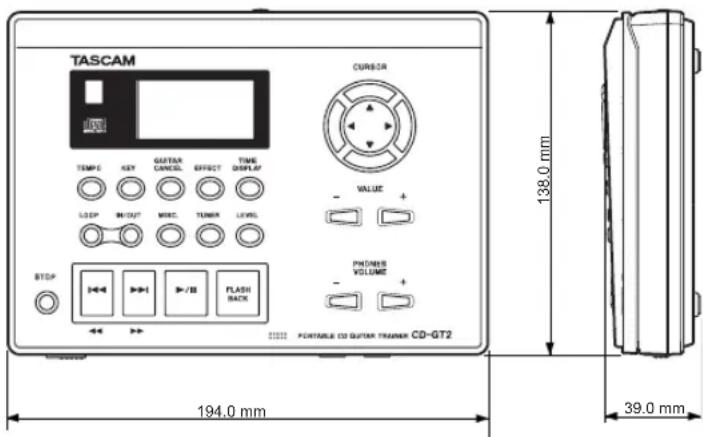 TASCAM TEMPLE KEY GUTTER CANCEL EFFECT TIME DISPLAY LOOP M/OUT MISC TUNER LEVEL STOP CURSOR VALUE + PHONSIVE VOLUME + 138.0 mm 194.0 mm 39.0 mm PORTABLE CD OUTER TRAMER CD-GT2