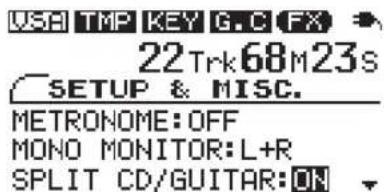 VSA TMP KEY G.C FX 22Trk68M23s SETUP & MISC. METRONOME: OFF MONO MONITOR:L+R SPLIT CD/GUITAR:ON