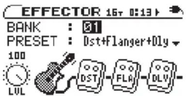 EFFECTOR 16+ 0:13 BANK : 91 PRESET : Dst+Flanger+Dly 100 LUL DST - FLA - DLY -