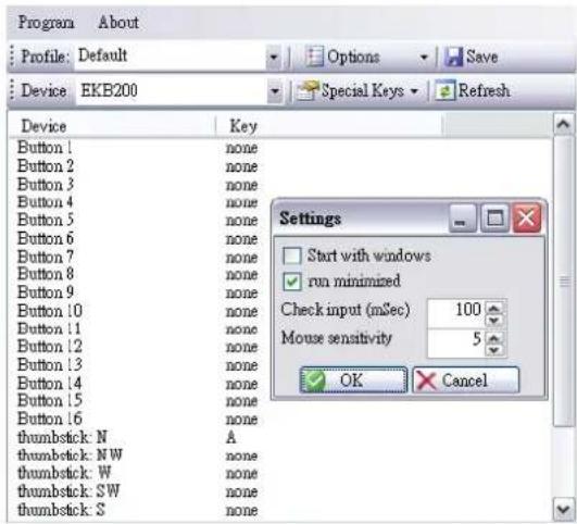 Program About Profile: Default Device EKB200 Device Button 1 none Button 2 none Button 3 none Button 4 none Button 5 none Button 6 none Button 7 none Button 8 none Button 9 none Button 10 none Button 11 none Button 12 none Button 13 none Button 14 none Button 15 none Button 16 none thumbstick: N A thumbstick: NW none thumbstick: W none thumbstick: SW none thumbstick: S none Settings Start with windows run minimized Check input (mSec) 100 Mouse sensitivity 5 OK Cancel