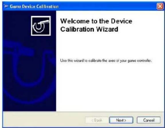 Game Device Calibration Welcome to the Device Calibration Wizard Use this wizard to calibrate the axes of your game controller; < Back Next > Cancel