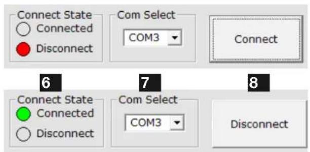 Connect State Connected Disconnect Com Select COM3 Connect 6 7 8 Connect State Connected Disconnect Com Select COM3 Disconnect