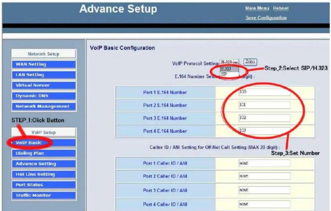 Advance Setup Main Menu Reboot Save Configuration Network Setup WAN Setting LAN Setting Virtual Server Dynamic DNS Network Management STEP_1:Click Button VoIP Setup VoIP Basic Dialing Plan Advance Setting Hot Line Setting Port Status Traffic Monitor VoIP Basic Configuration VoIP Protocol Setting H.323 port Sip H.323 SIP Step_2:Select SIP/H.323 E.164 Number Set (digit) : Port 1 E.164 Number 100 Port 2 E.164 Number 101 Port 3 E.164 Number 102 Port 4 E.164 Number 103 Caller ID / ANI Setting for Off-Net Call Setting (MAX 20 digit) : Step_3:Set Number Port 1 Caller ID / ANI none Port 2 Caller ID / ANI none Port 3 Caller ID / ANI none Port 4 Caller ID / ANI none