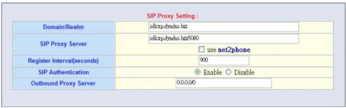SIP Proxy Setting : Domain/Realm sdlcxp.dyndns.biz SIP Proxy Server sdlcxp.dyndns.biz/5060 □ use net2phone Register Interval(seconds) 900 SIP Authentication ○ Enable ○ Disable Outbound Proxy Server 0.0.0.00