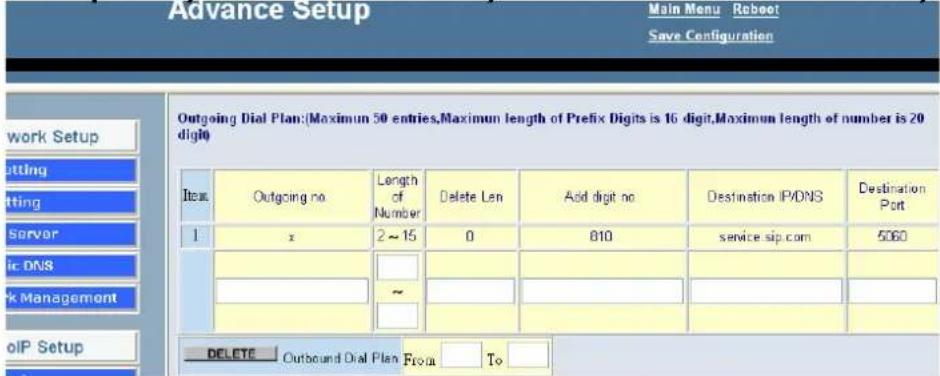 Advance Setup Main Menu: Roboot Save Configuration Outgoing Dial Plan:(Maximum 50 entries,Maximum length of Prefix Digits is 16 digit,Maximum length of number is 20 digit) Item Outgoing no Length of Number Delete Len Add digit no Destination IP/DNS Destination Port 1 x 2~15 0 810 Bronze sip.com 5060 DELETE Cutbound Dial Plan.From To