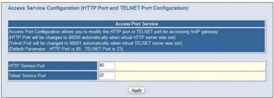 Access Service Configuration (HTTP Port and TELNET Port Configuration): Access Port Service Access Port Configuration allows you to modify the HTTP port or TELNET port for accessing VoIP gateway (HTTP Port will be changed to 60000 automatically when virtual HTTP server was set) (Telnet Port will be changed to 60001 automatically when virtual TELNET server was set) (Default Parameter : HTTP Port is 80 ; TELNET Port is 23) HTTP Service Port 80 Telnet Service Port 23 Apply