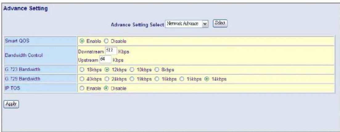 Advance Setting Advance Setting Select Network Advance Select Smart QOS Enable Disable Bandwidth Control Downstream 512 Kbps Upstream 64 Kbps G 723 Bandwidth 13kbps 12kbps 10kbps 8kbps G 729 Bandwidth 40kbps 24kbps 19kbps 16kbps 15kbps 14kbps IP TOS Enable Disable Apply